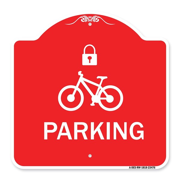 Parking With Cycle and Lock, Red & White Aluminum Architectural Sign, 18" x 18", RW-1818-23476